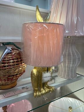 Karma Home Gold Resin Bunny Table Lamp w/Pink Shade Easter Spring Home Decor